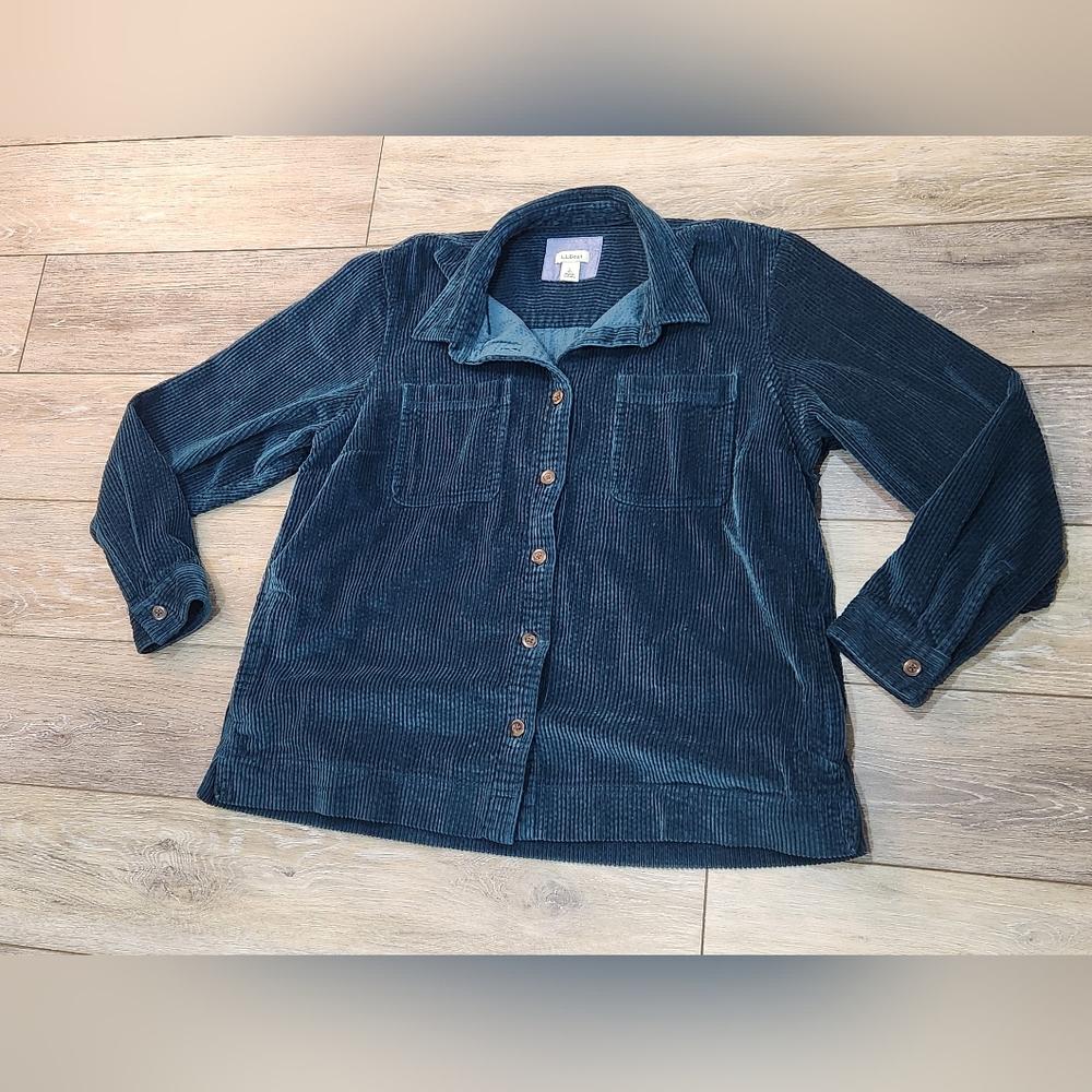 L.L. Bean Women's Corduroy Shacket in Teal Blue With Pockets Size Large Petite
